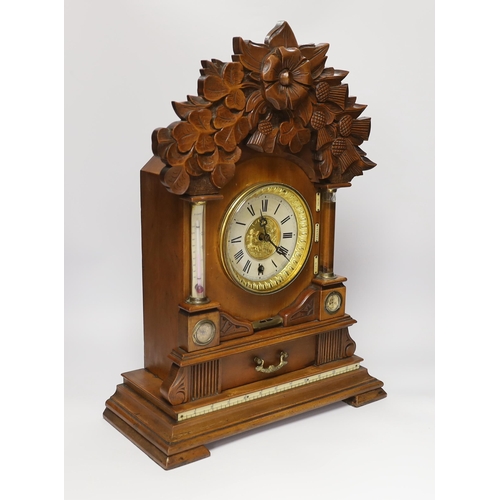 1355 - A carved wood clock with barometer, thermometer and compass, 52cm high