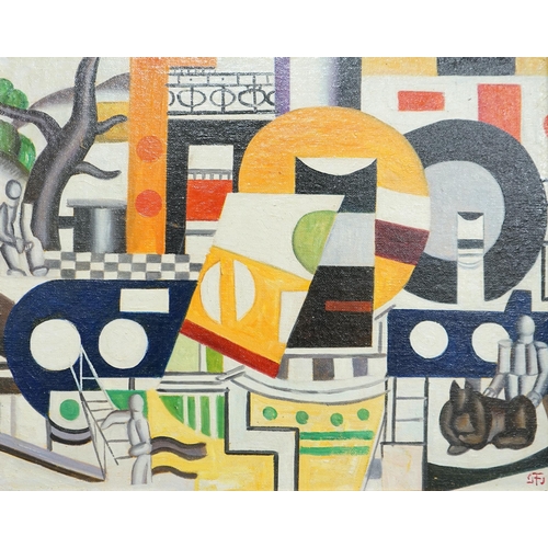 1726 - Manner of Fernand Leger (French, 1881-1955) oil on canvas board, Surreal composition, geometric shap... 