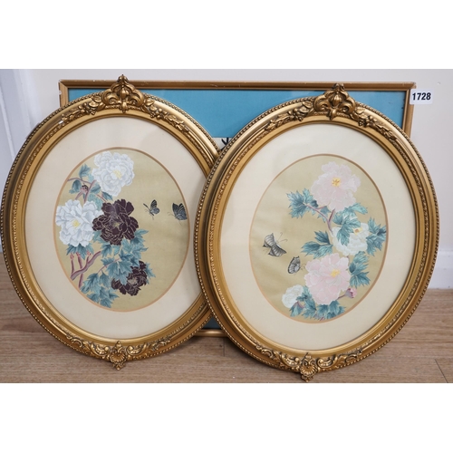 1727 - Chinese School, pair of watercolours on silk, Flowers and butterflies, 25 x 19cm