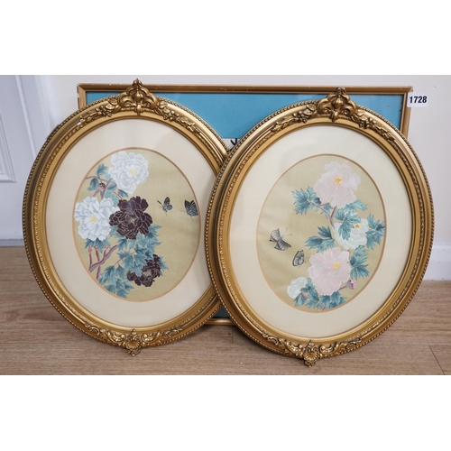 1727 - Chinese School, pair of watercolours on silk, Flowers and butterflies, 25 x 19cm