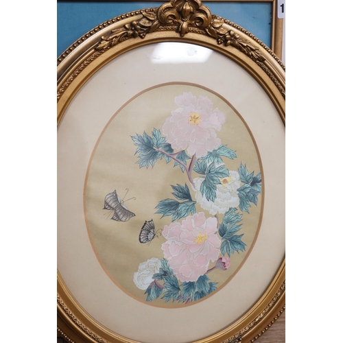 1727 - Chinese School, pair of watercolours on silk, Flowers and butterflies, 25 x 19cm