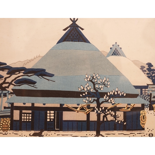 1728 - Taizo Minagawa (1917-1975) Japanese woodblock print, Dog and farmhouse in winter, 25 x 33cm