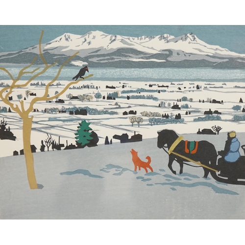 1729 - Fumio Kitaoka (1918-2007) Japanese woodblock print, Winter landscape, signed and dated 1964 in pen... 