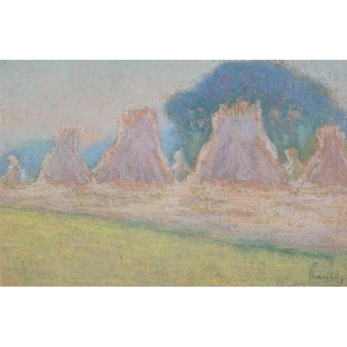 1731 - Ernest Faut (1879-1961) Impressionist pastel, Rural landscape with hayricks, signed, inscribed in in... 