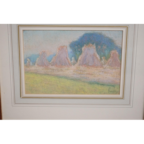 1731 - Ernest Faut (1879-1961) Impressionist pastel, Rural landscape with hayricks, signed, inscribed in in... 