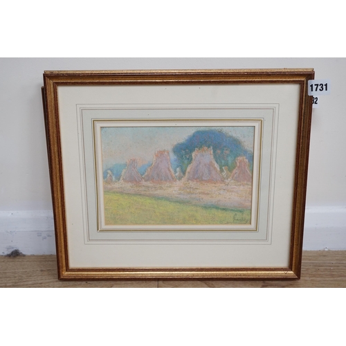 1731 - Ernest Faut (1879-1961) Impressionist pastel, Rural landscape with hayricks, signed, inscribed in in... 