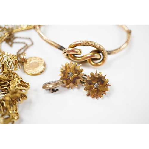 1961 - A 9ct. gold fringe necklace, 49cm(a.f.) a 9ct. gold bangle, 25.9 grams, a gold plated locket on a go... 