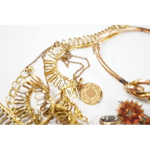 1961 - A 9ct. gold fringe necklace, 49cm(a.f.) a 9ct. gold bangle, 25.9 grams, a gold plated locket on a go... 