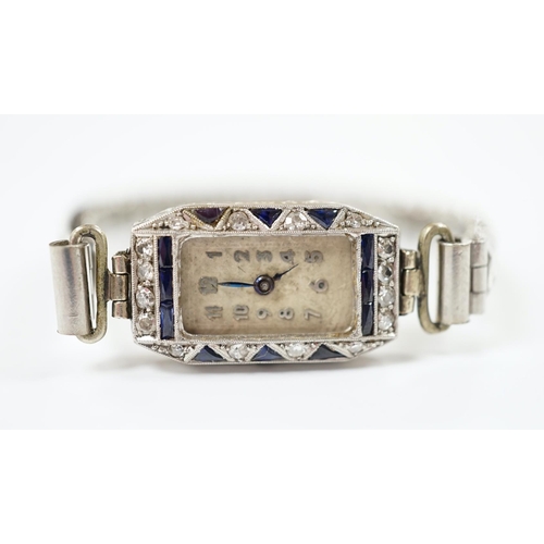 1962 - A lady's 1930's white metal (stamped platina), diamond and sapphire set manual wind cocktail watch (... 