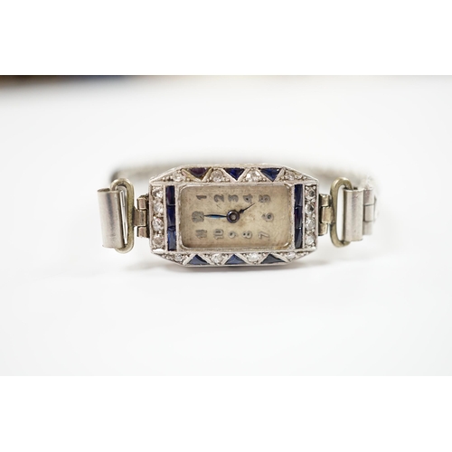 1962 - A lady's 1930's white metal (stamped platina), diamond and sapphire set manual wind cocktail watch (... 