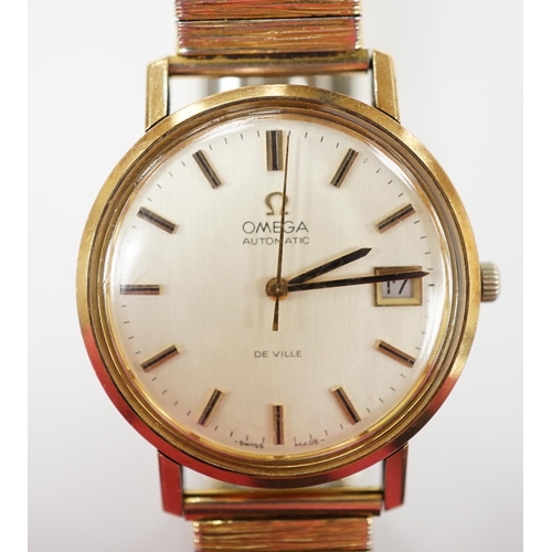 1988 - A gentleman's yellow metal Omega De Ville automatic wrist watch, with baton numerals and date apertu... 