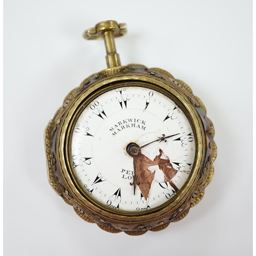 1989 - A late 18th century gilt metal and painted tortoiseshell mounted pair cased repeating pocket watch, ... 