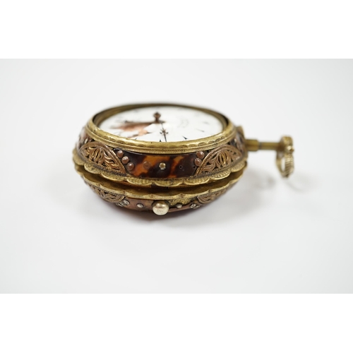 1989 - A late 18th century gilt metal and painted tortoiseshell mounted pair cased repeating pocket watch, ... 