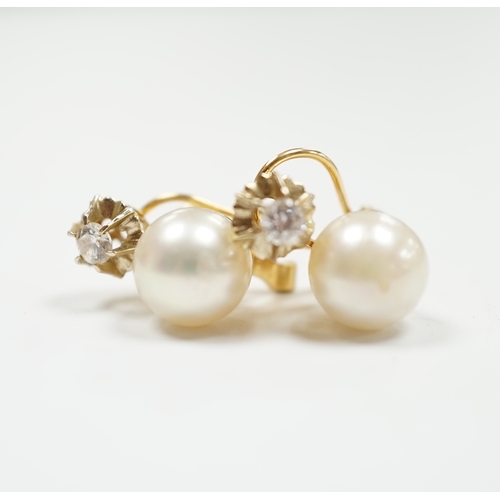 1991 - A pair of yellow metal, cultured pearl and simulated diamond set two stone earrings, 15mm, gross wei... 