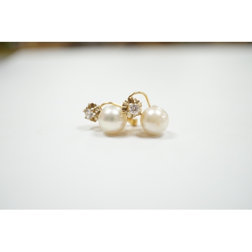 1991 - A pair of yellow metal, cultured pearl and simulated diamond set two stone earrings, 15mm, gross wei... 