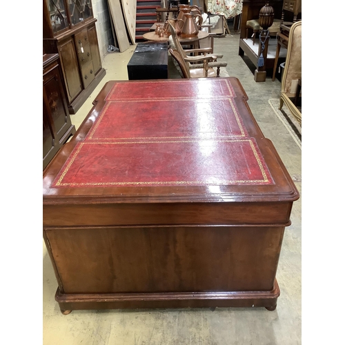 34 - An early 20th century mahogany pedestal partner's desk, width 180cm, depth 116cm, height 78cm Proven... 