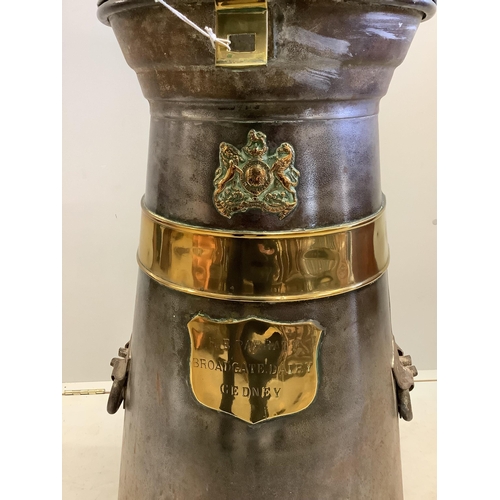 91 - A Victorian brass mounted steel milk churn marked H.E. Parratt, Broadgate Dairy, Gedney, height 98cm... 