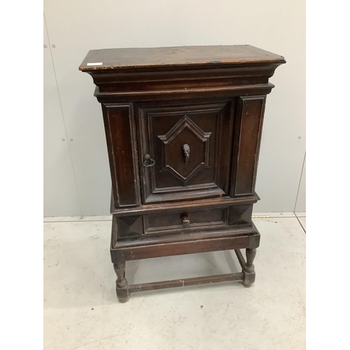 1003 - An 18th century oak spice cabinet, on later stand, width 58cm, depth 33cm, height 93cm