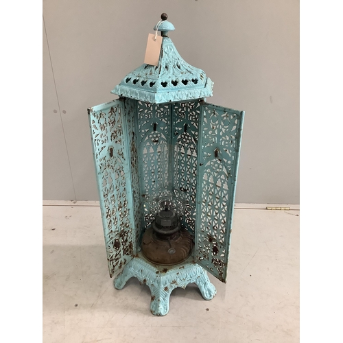 1004 - A late 19th century French hexagonal enamelled metal conservatory heater, height 85cm