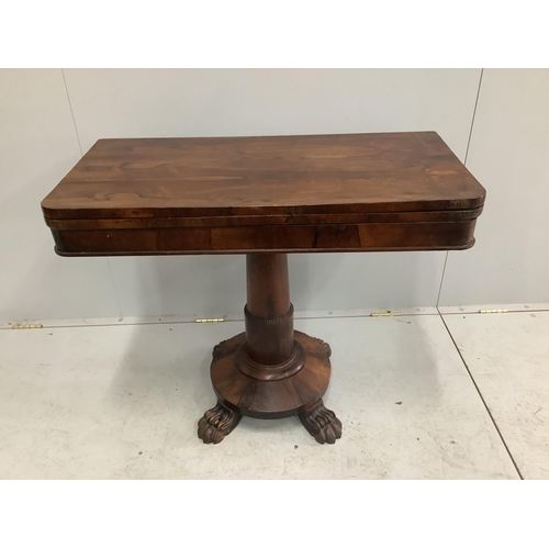 1031 - An early Victorian rectangular rosewood folding card table, width 92cm, depth 44cm, height 74cm... 