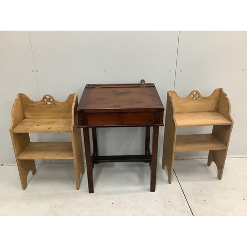 1032 - A pair of Gothic style pine two tier bedside tables, width 47cm, depth 24cm, height 76cm, together w... 