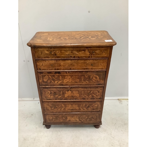 1033 - A small 19th century Dutch walnut and floral marquetry small chest of six drawers, width 52cm, depth... 