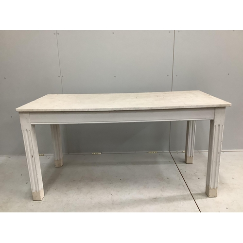 1041 - A rectangular painted marble top kitchen table, width 150cm, depth 70cm, height 76cm