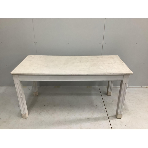 1041 - A rectangular painted marble top kitchen table, width 150cm, depth 70cm, height 76cm