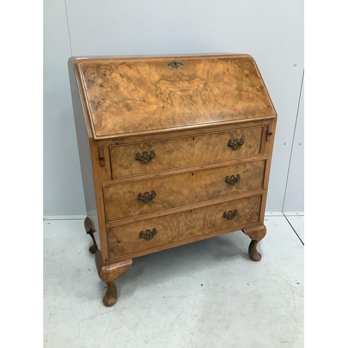 1044 - A Queen Anne Revival burr walnut bureau, width 76cm, depth 43cm, height 96cm