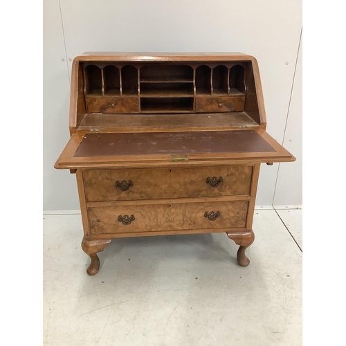 1044 - A Queen Anne Revival burr walnut bureau, width 76cm, depth 43cm, height 96cm