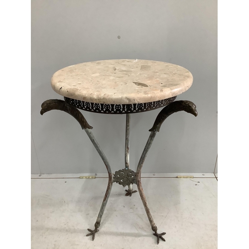 1047 - An Empire style circular cast metal, marble top occasional table with eagle head supports, diameter ... 