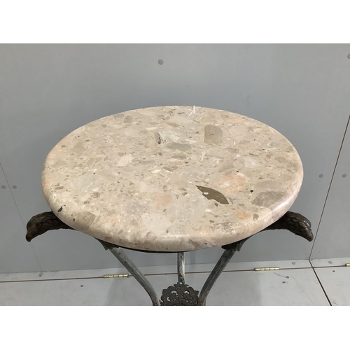 1047 - An Empire style circular cast metal, marble top occasional table with eagle head supports, diameter ... 