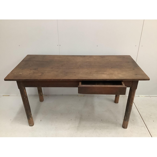 1052 - A 19th century French rectangular fruitwood kitchen table with single drawer, width 152cm, depth 73c... 