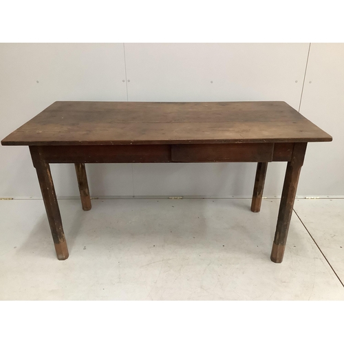 1052 - A 19th century French rectangular fruitwood kitchen table with single drawer, width 152cm, depth 73c... 