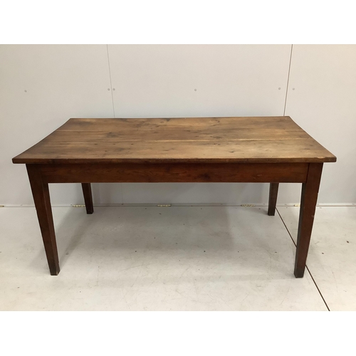 1055 - A 19th century French rectangular oak kitchen table, width 150cm, depth 79cm, height 73cm