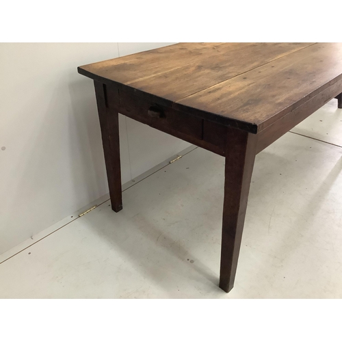 1055 - A 19th century French rectangular oak kitchen table, width 150cm, depth 79cm, height 73cm