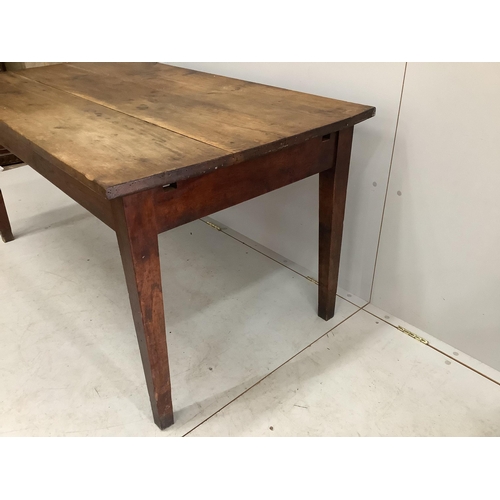 1055 - A 19th century French rectangular oak kitchen table, width 150cm, depth 79cm, height 73cm