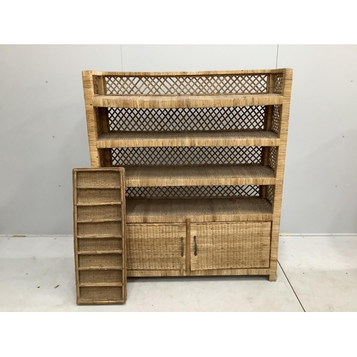 1060 - A wicker four tier shelf unit, width 121cm, depth 36cm, height 140cm, together with a wicker eight d... 