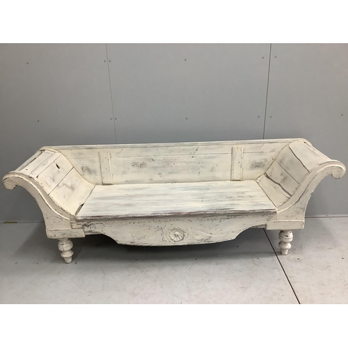 1067 - A Continental painted settle, width 220cm, depth 56cm, height 72cm