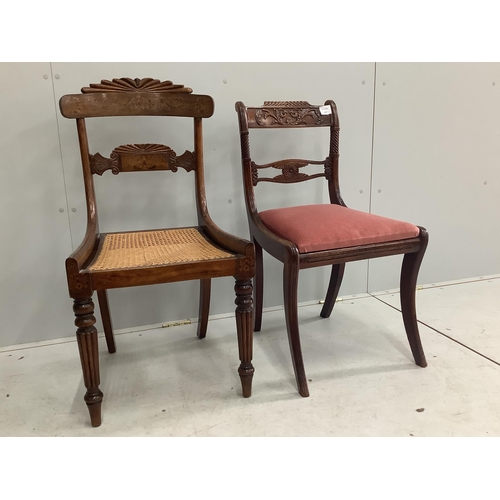 1072 - A Regency mahogany and marquetry dining chair and a Regency carved mahogany dining chair