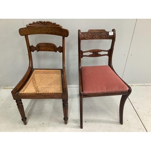 1072 - A Regency mahogany and marquetry dining chair and a Regency carved mahogany dining chair