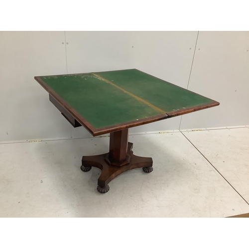 1082 - An early Victorian rectangular mahogany folding card table, width 92cm, depth 45cm, height 74cm... 