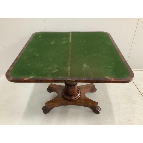 1106 - An early Victorian rectangular rosewood folding card table, width 90cm, depth 44cm, height 75cm... 