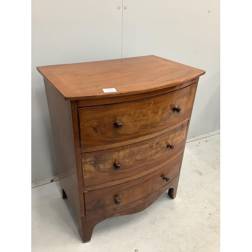 1123 - A small Regency mahogany bowfront chest of three drawers, converted from a commode, width 58cm, dept... 