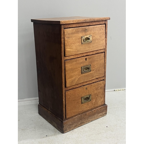 1131 - A Victorian mahogany three drawer bedside chest, adapted, width 42cm, depth 35cm, height 74cm