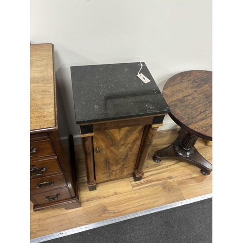 1189 - A Biedermeier style walnut marble top bedside cabinet, width 39cm, depth 37cm, height 75cm