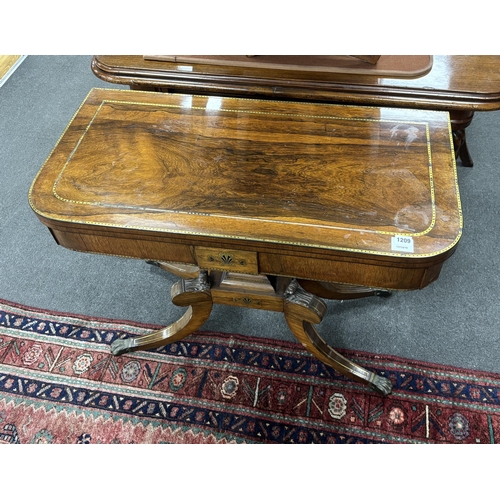 1209 - A Regency brass inlaid rectangular rosewood folding card table, width 91cm, depth 45cm, height 74cm... 