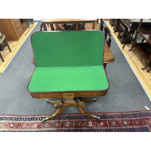 1209 - A Regency brass inlaid rectangular rosewood folding card table, width 91cm, depth 45cm, height 74cm... 