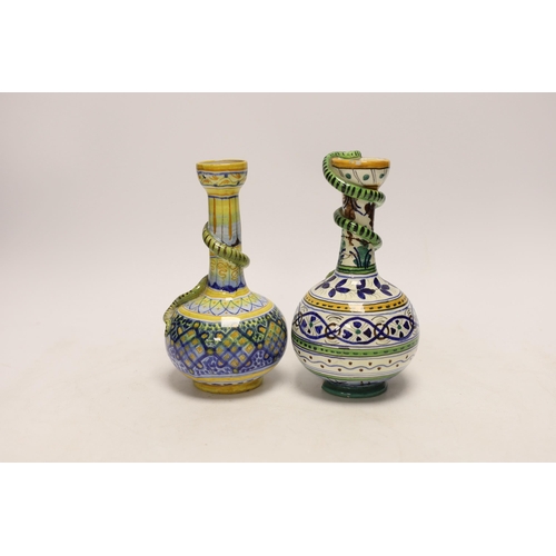 1256 - Two Italian Maiolica bottle vases, one by Cantagalli, largest 18cm high