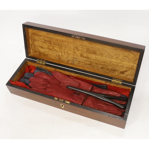 1276 - A 19th century mahogany glove box, three pairs of kid leather gloves and a rosewood tea caddy with b... 